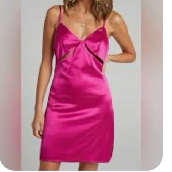 Showpo. Dresses & Skirts - NWT Showpo Pink Mini Dress Satiny Front Cutouts V-Neck Spaghetti Straps Size 8